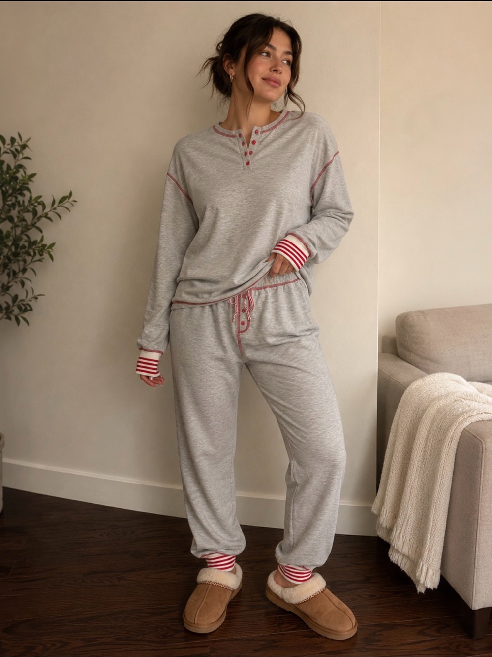 Women’s Gray & Red Contrast Lounge Set – Size Small/Med